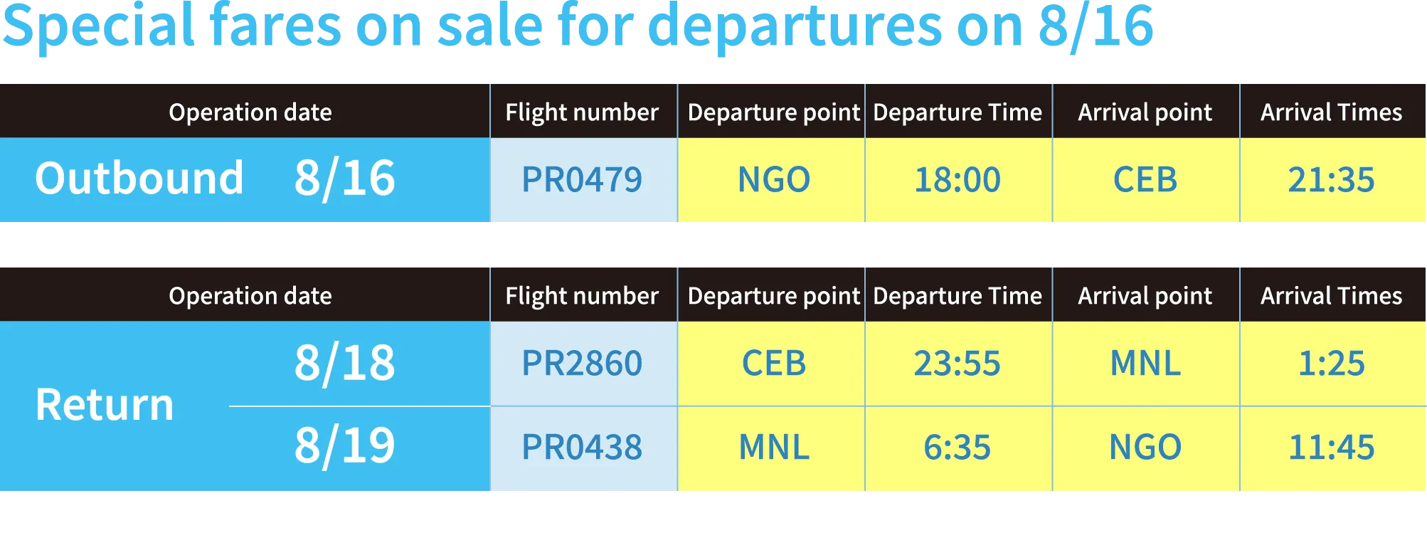 Special fares on sale for departures on 8/16